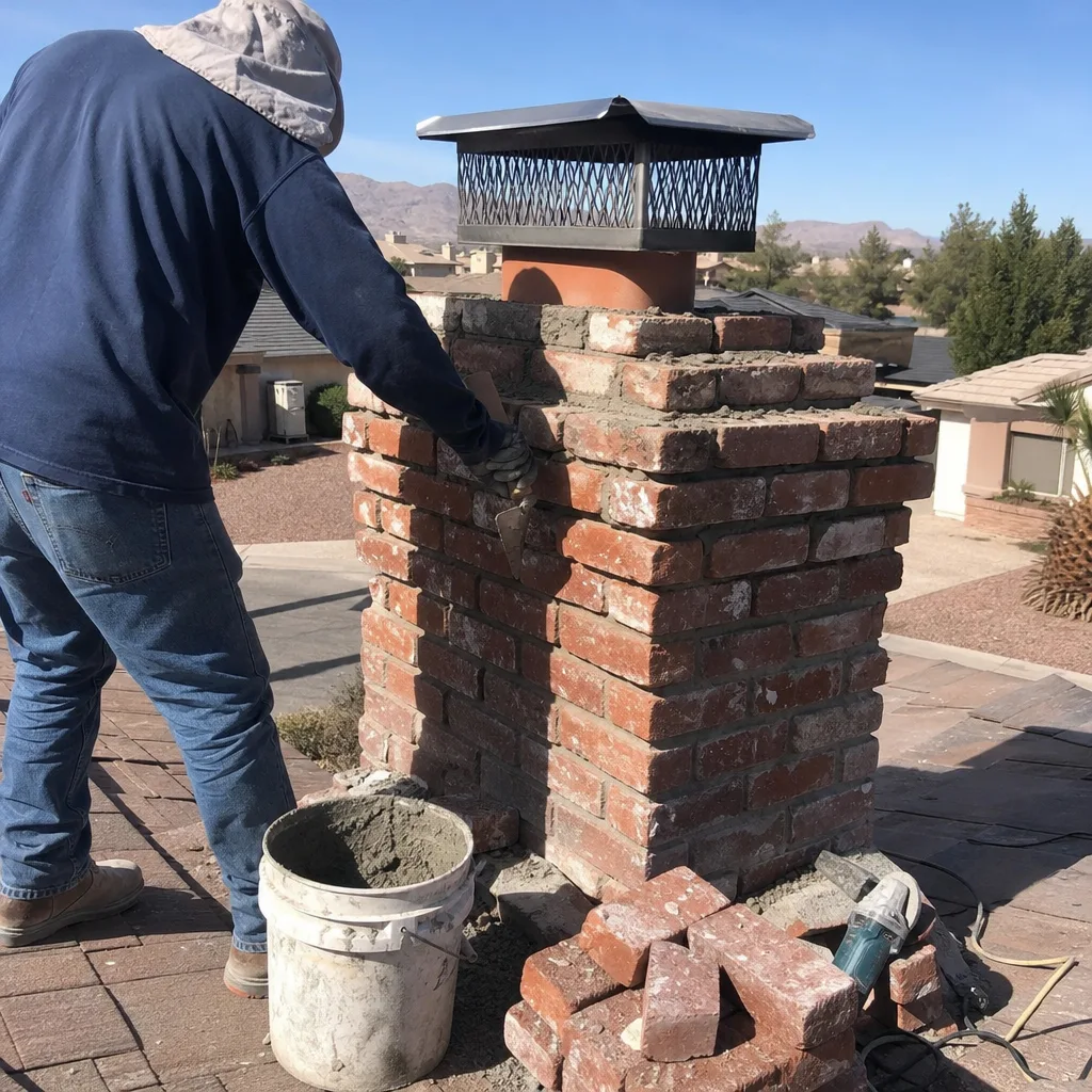 Professional bricklayer performing expert chimney repair and maintenance on a roof.