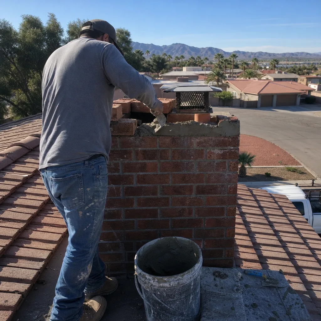 Professional contractor repairing a residential brick chimney with mortar on a rooftop