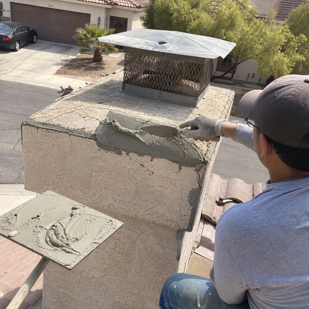 Professional technician repairing a stucco chimney crown on a residential roof