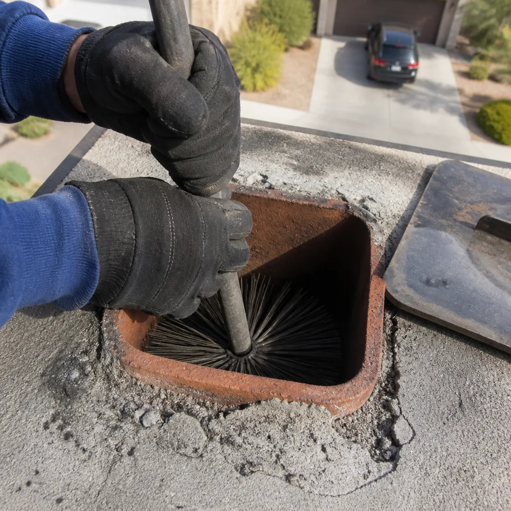 Professional chimney sweep cleaning a fireplace flue with a wire brush