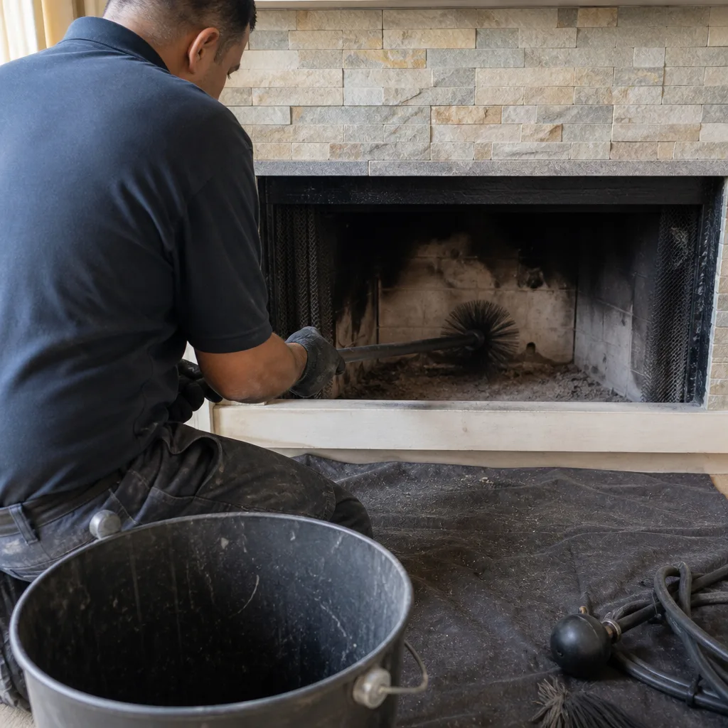 Professional chimney sweep cleaning soot from inside a brick fireplace.