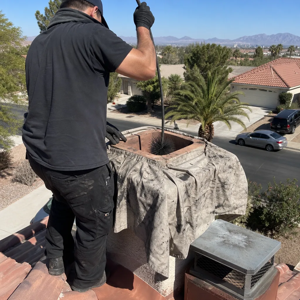 Professional chimney sweep cleaning a fireplace flue from the rooftop