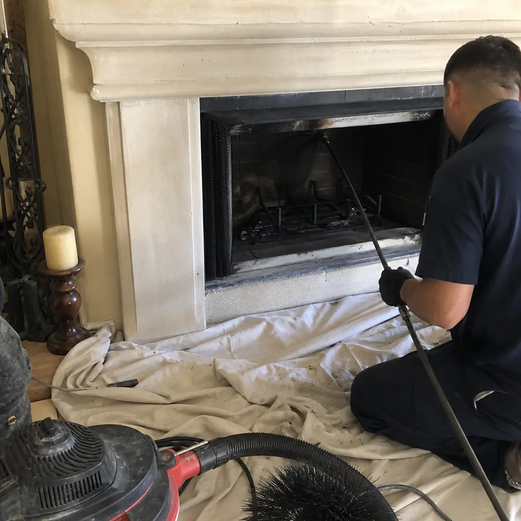 Professional technician performing routine gas fireplace maintenance and chimney cleaning services