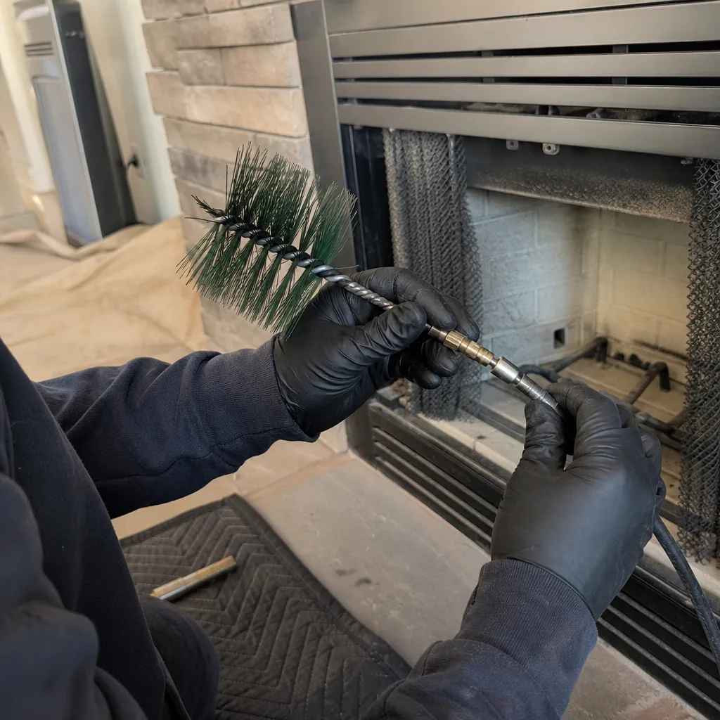 Technician using a chimney cleaning brush for gas fireplace maintenance
